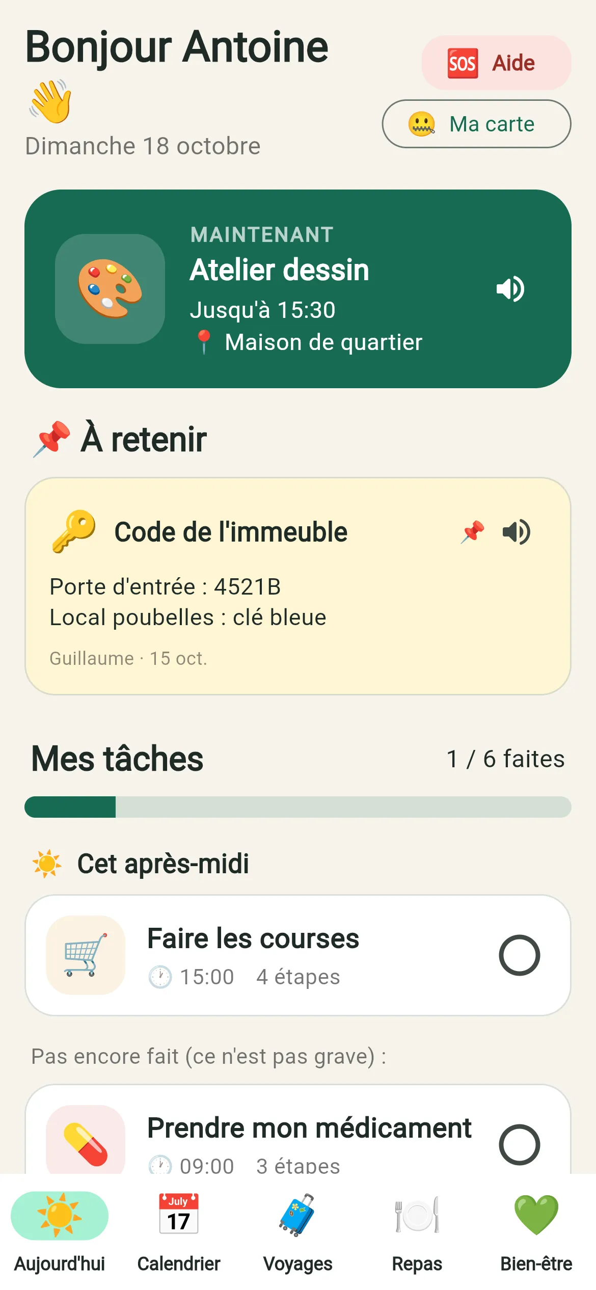 L’écran Aujourd’hui : ce qui se passe maintenant, ce qu’il faut retenir, les tâches du jour.