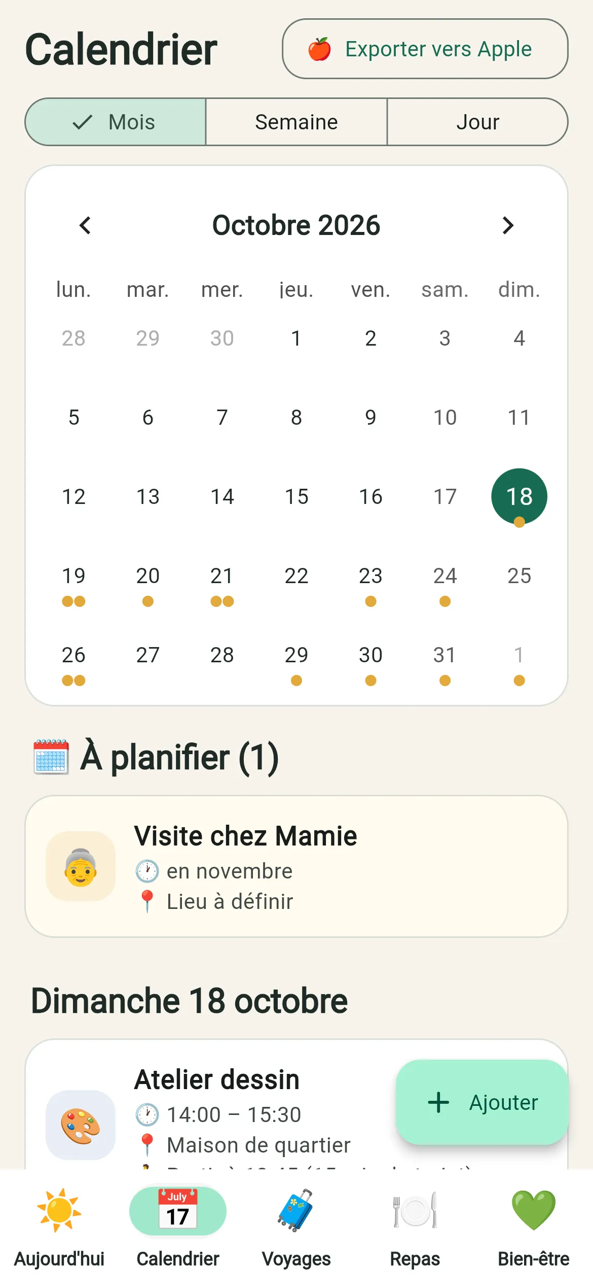 Le calendrier du mois avec les rendez-vous.