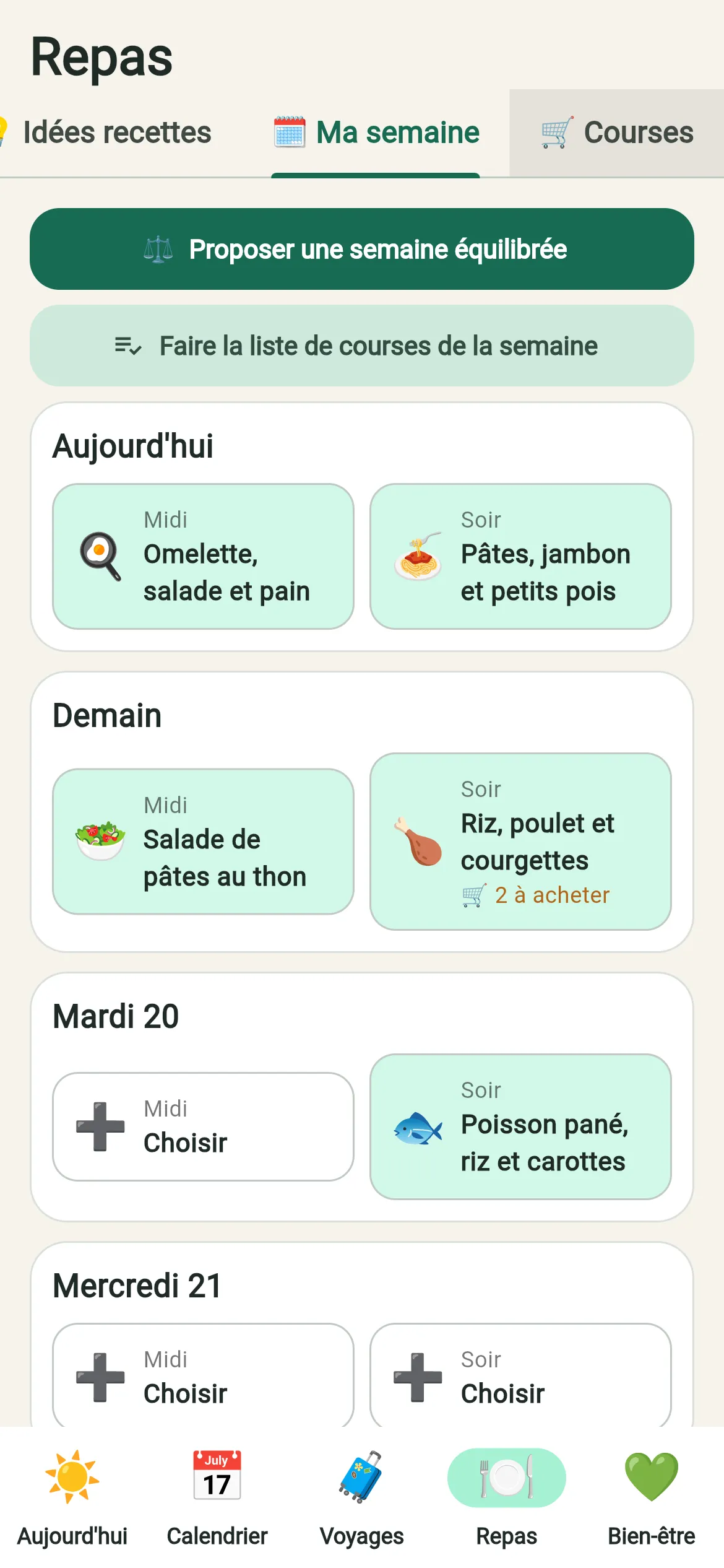 Le planning des repas de la semaine, midi et soir.